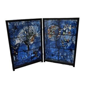 Vintage Marc Chagall "America Windows" Stained Glass Diptych Desk Screen Chicago